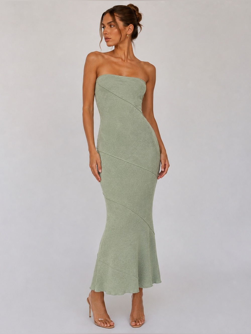 Princess Polly Oscar Midi Maxi Dress Sage Green Strapless Ribbed Bodycon, US 2
